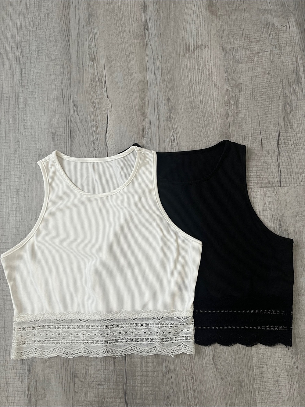 Bundle of 2 SHEIN Black and White Lace-Hem Ribbed Crop Tank Tops